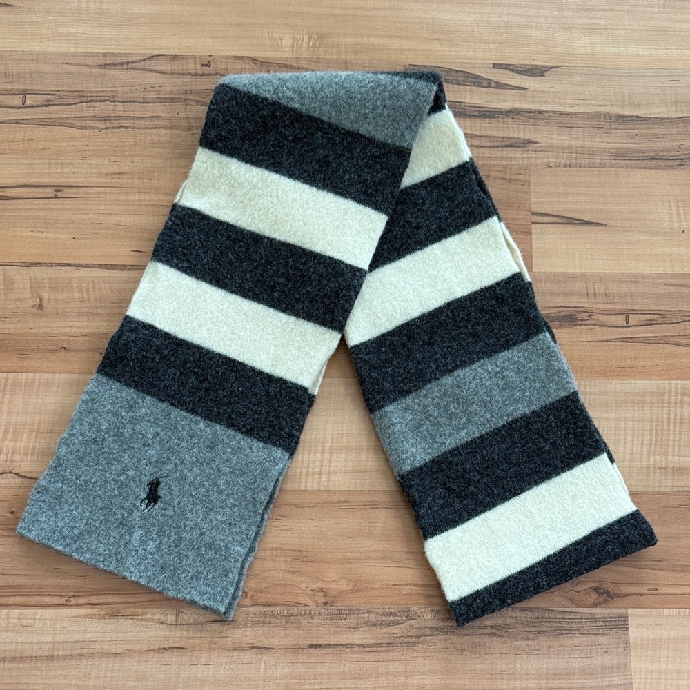Men’s Polo Ralph Lauren Black, Gray & Cream Striped Lambs Wool Scarf